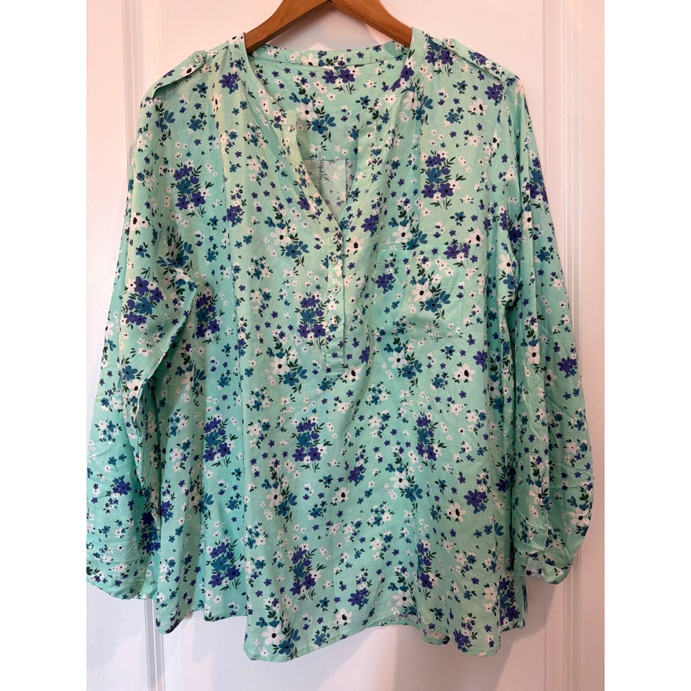 Weavers Mint Green Floral Rayon Button Front Blouse Long Sleeve Size L